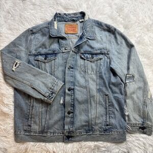 Levi's Trucker Jacket Men 2XL XXL‎ Medium Wash Distressed Ripped Grunge Retro